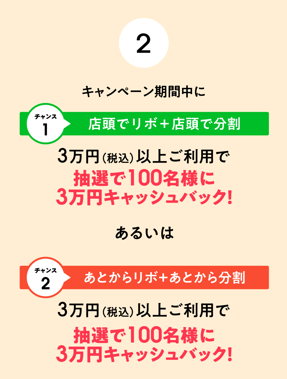 (2)キャンペーン期間中にリボ・分割を設定、3万円（税込）以上ご利用で抽選で100名様に3万円キャッシュバック！